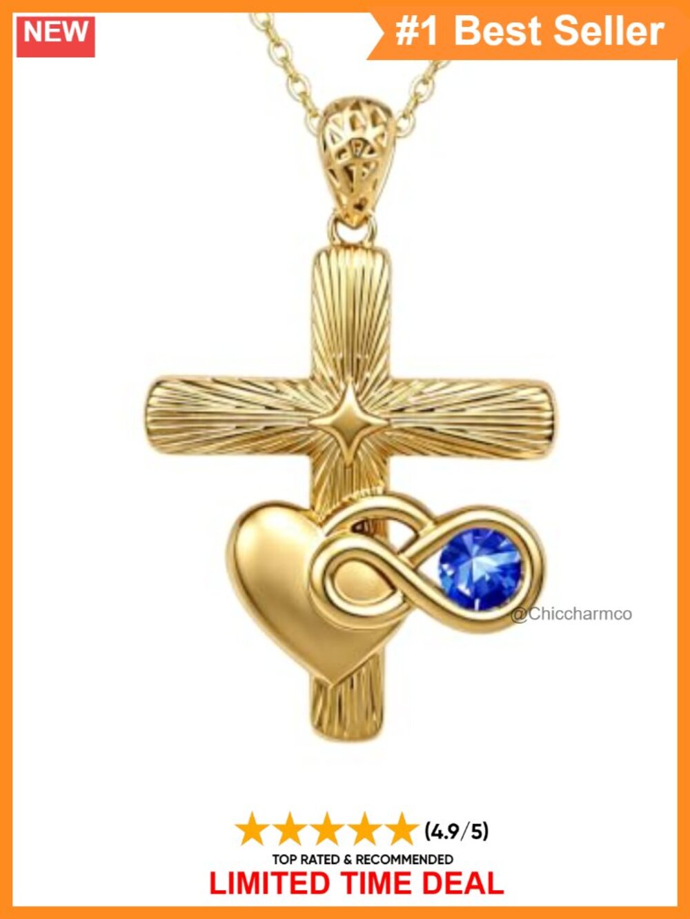 18K Gold Plated Cross Infinity Heart Pendant Necklace Cubic Zirconia Faith